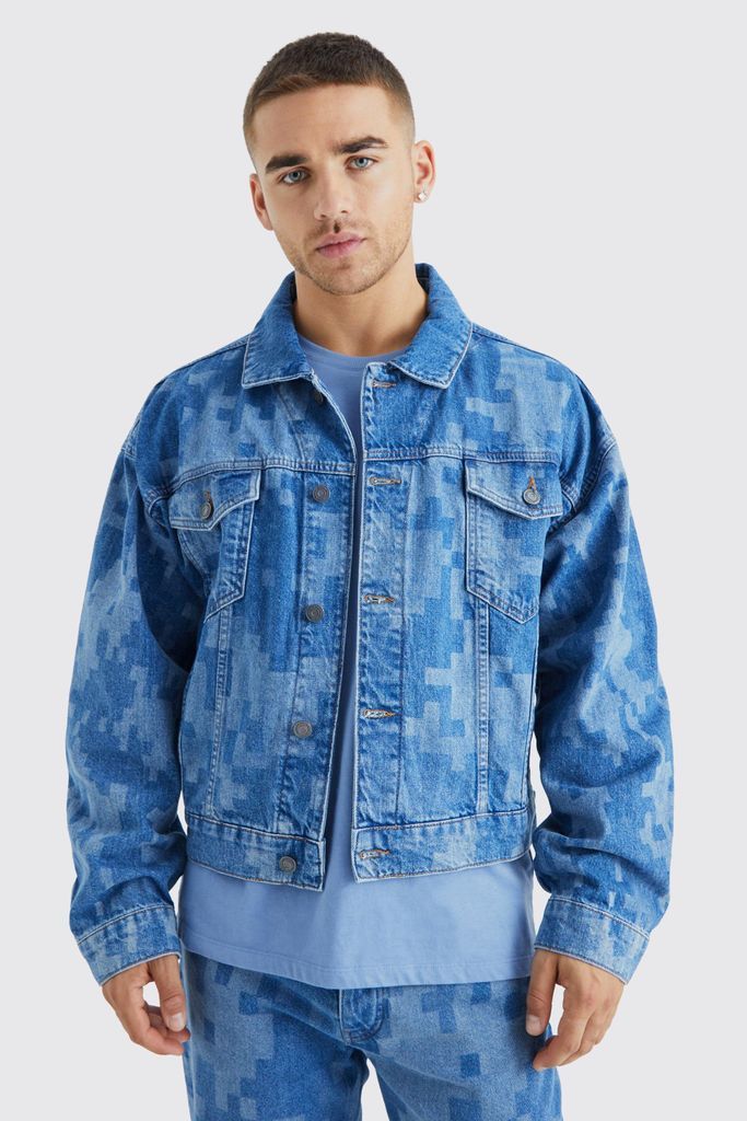 Men's Boxy Fit Camo Laser Print Denim Jacket - Blue - S, Blue