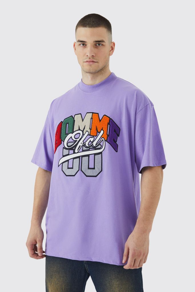Men's Tall Oversized Homme Washed Varsity Applique T-Shirt - Purple - S, Purple