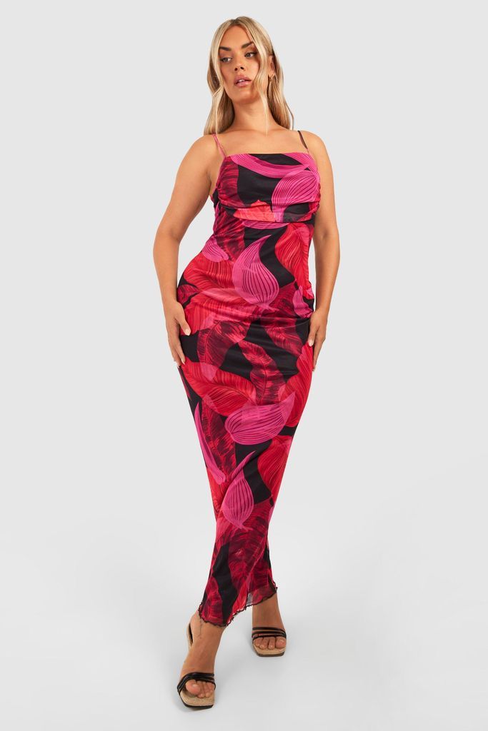 Womens Plus Floral Print Mesh Maxi Slip Dress - Pink - 16, Pink