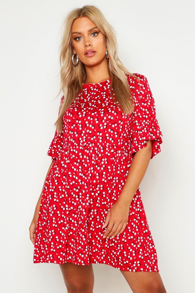 Womens Plus Ditsy Floral Smock Dress - Red - 18, Red