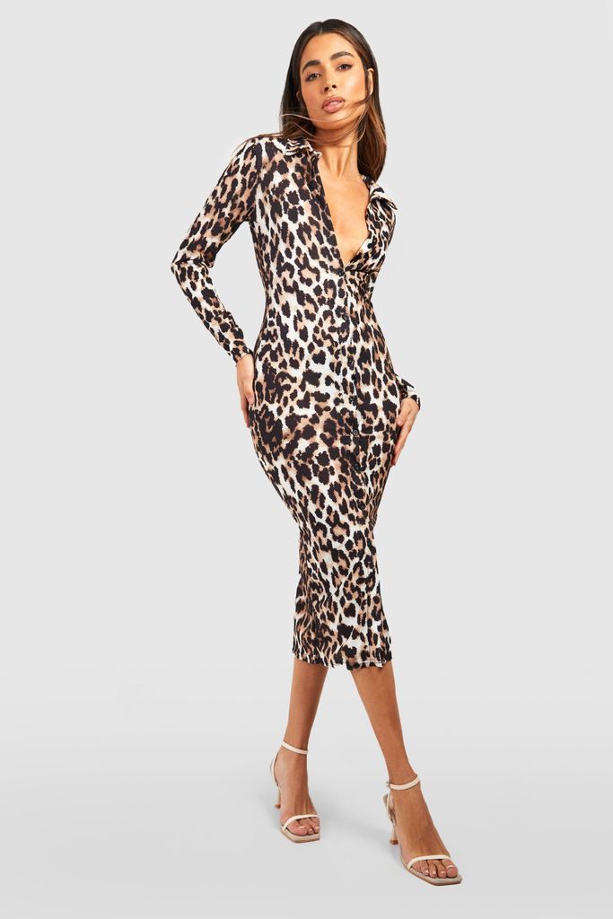 Womens Textured Midaxi Shirt Dress Leopard Print - Brown - 10, Brown