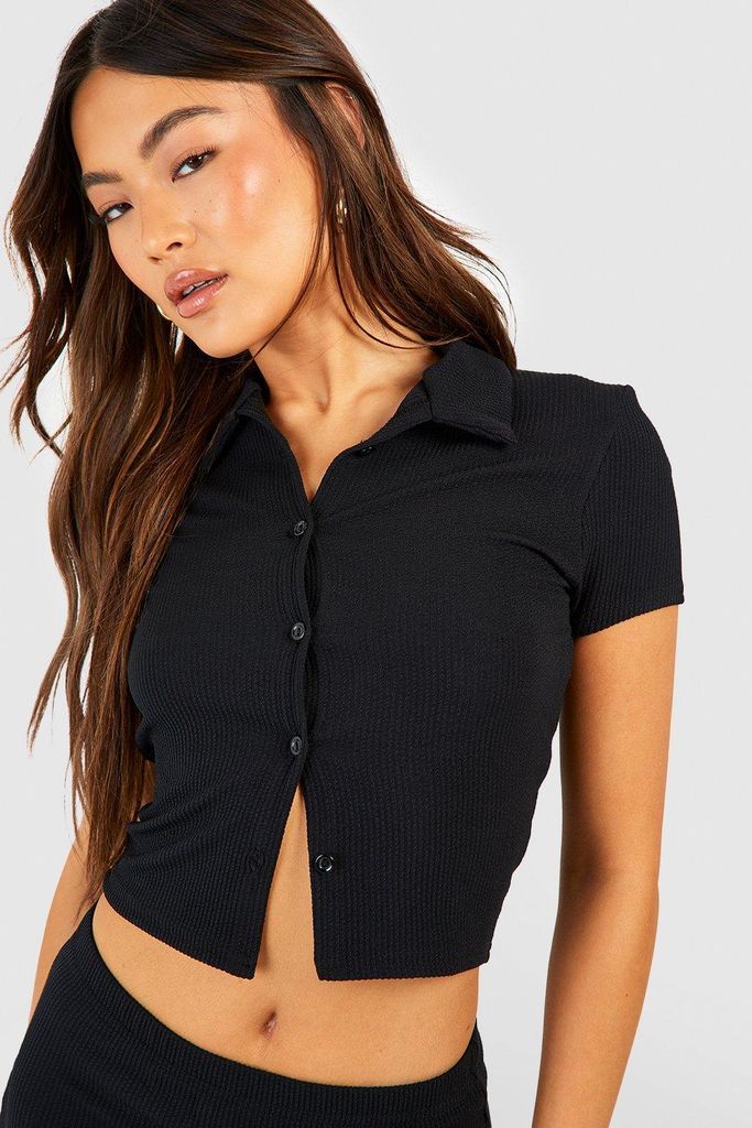 Womens Crinkle Rib Button Front Top - Black - 10, Black