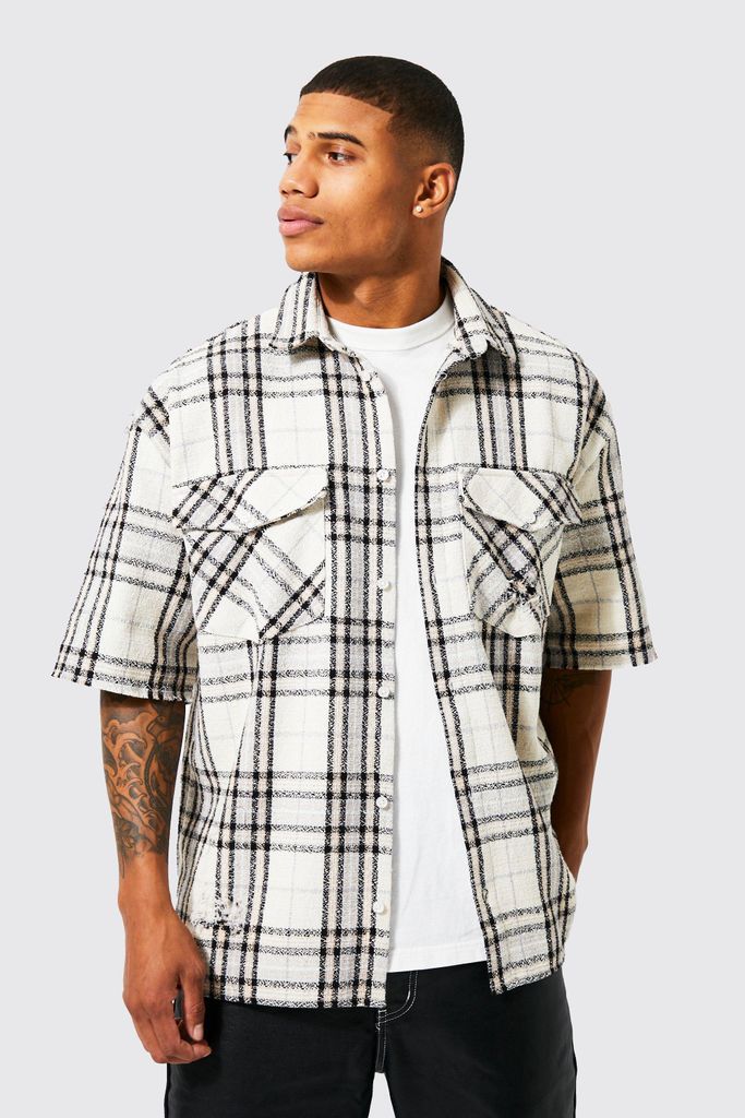 Men's Short Sleeve Boxy Oversize Boucle Check Shirt - Grey - M, Grey
