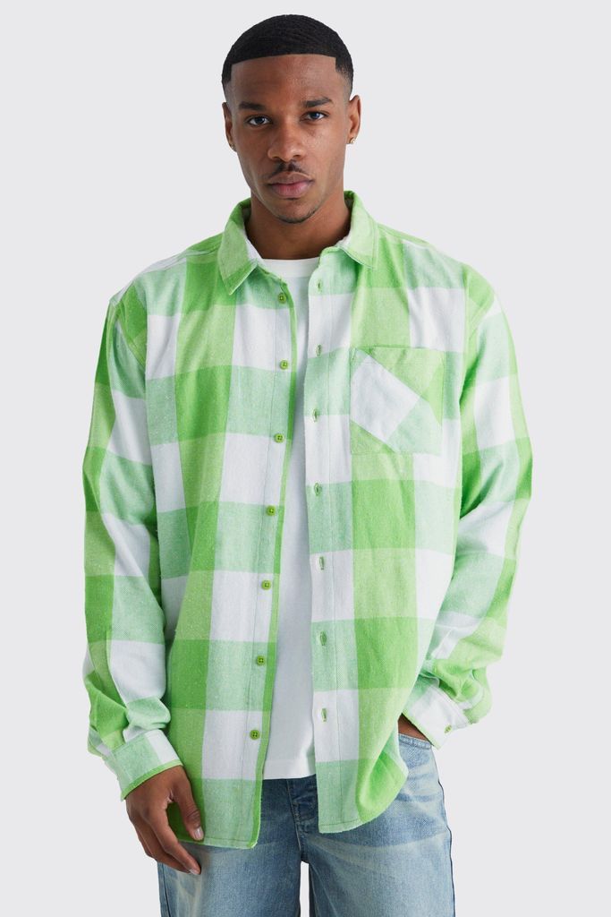 Men's Long Sleeve Oversized Bright Square Check Shirt - Green - S, Green