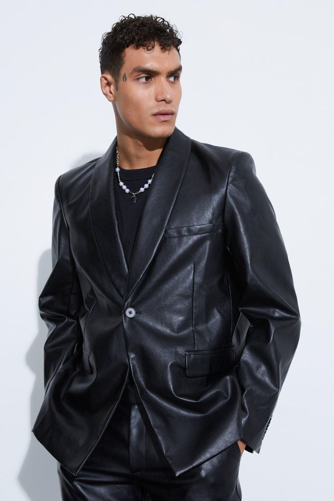 Men's Oversized Shawl Collar Pu Blazer - Black - 34, Black