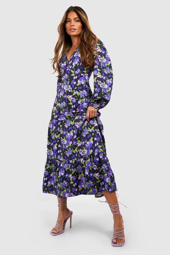 Womens Floral Tiered Midi Smock Dress - Purple - 8, Purple