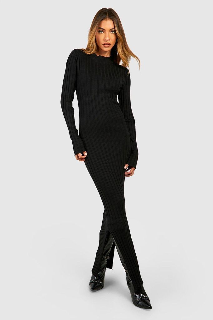 Womens High Neck Rib Knitted Maxi Dress - Black - 8, Black