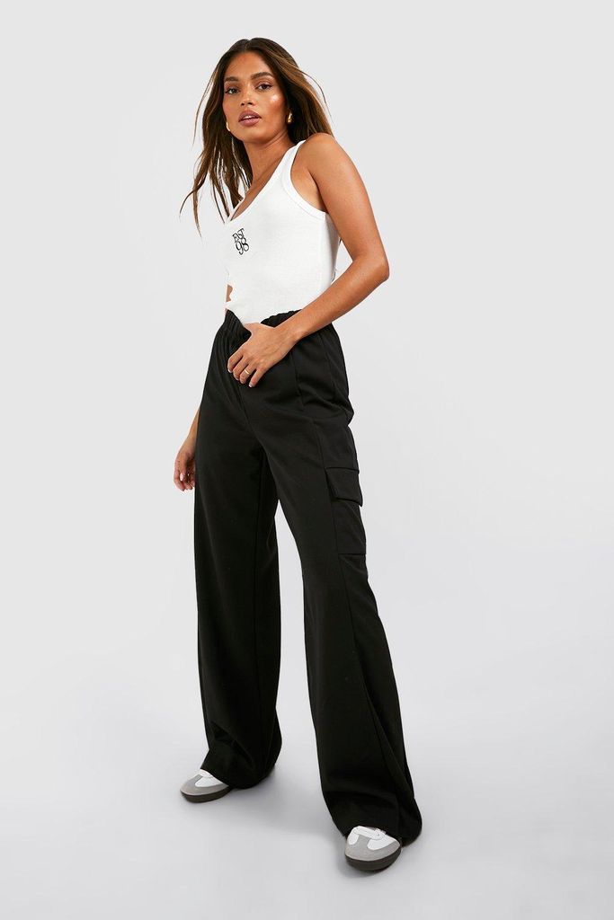 Womens High Waisted Crepe Cargo Trousers - Black - 6, Black
