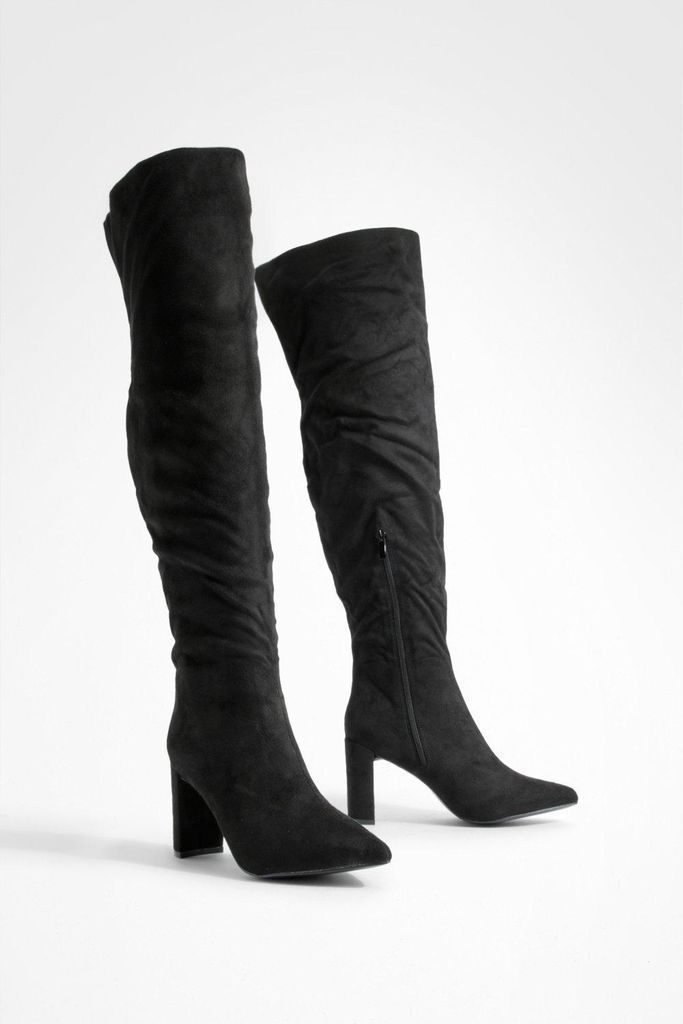 Womens Wide Fit Block Heel Thigh High Boots - Black - 4, Black