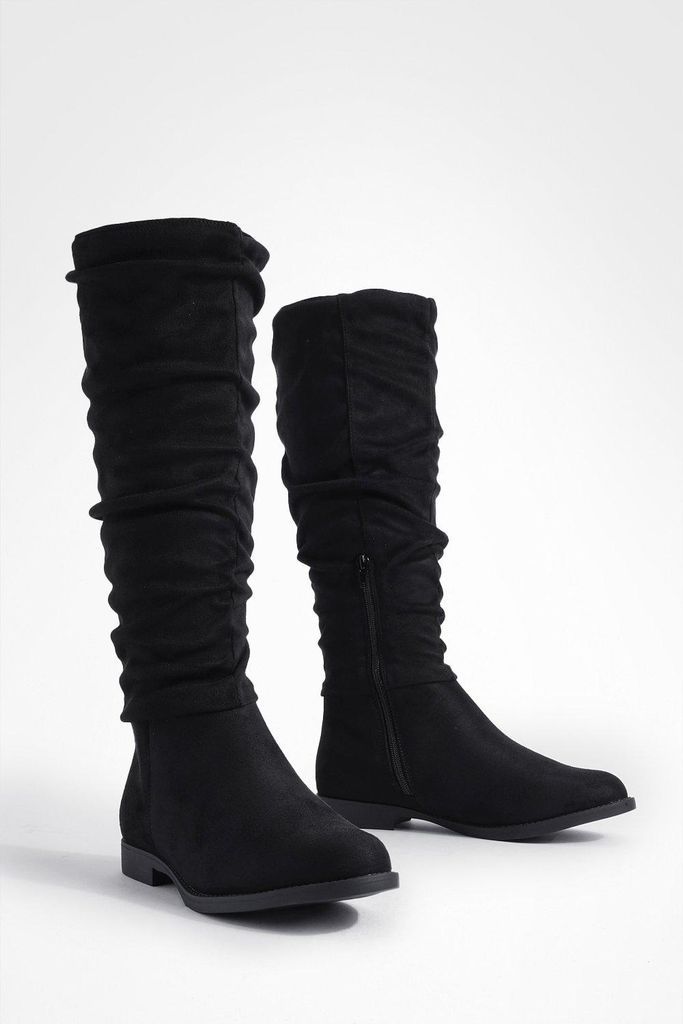 Womens Wide Fit Ruched Knee High Boots - Black - 4, Black