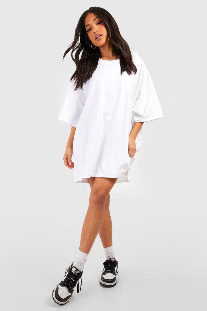 Womens Petite Basic Cotton T-Shirt Dress - White - S, White