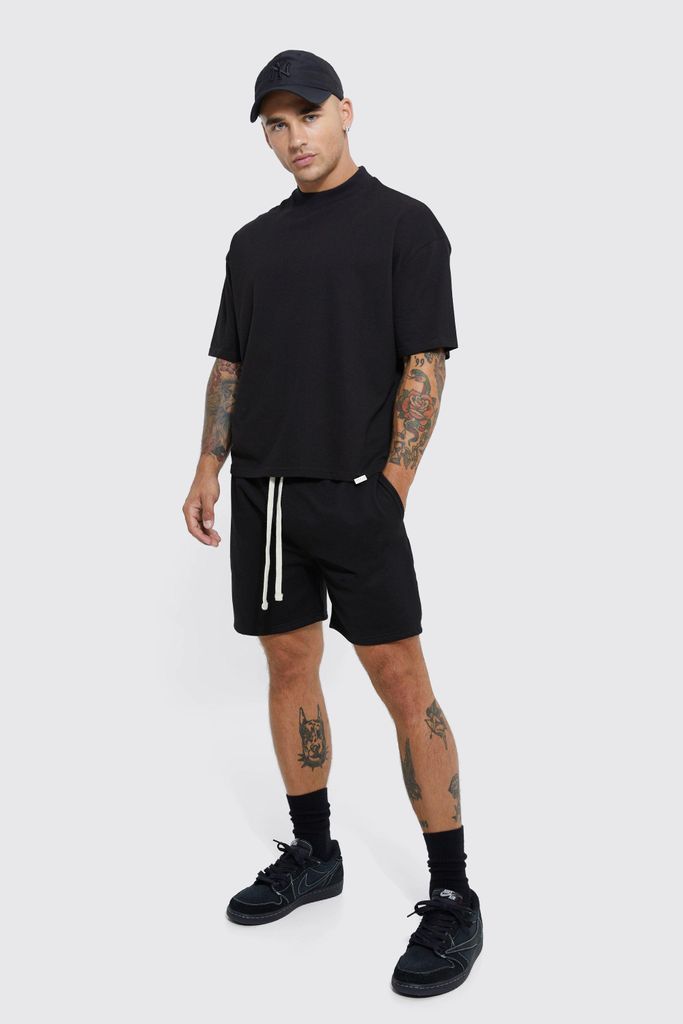 Men's Oversized Short Length T-Shirt & Short Set - Black - S, Black