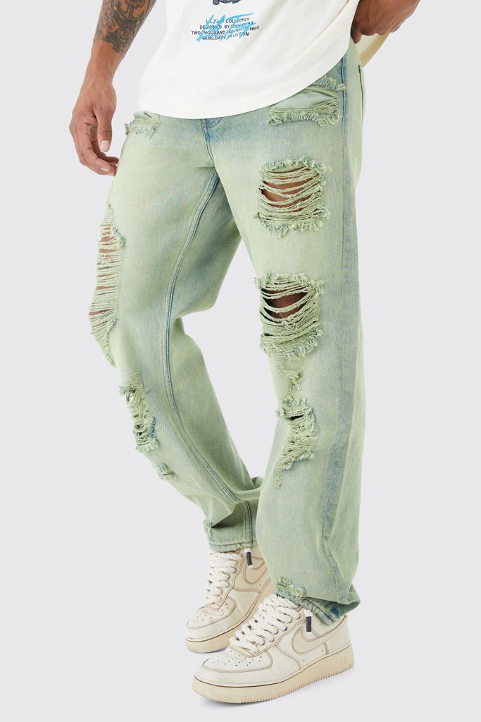 Men's Relaxed Rigid Tinted Ripped Jeans - Green - 28R, Green
