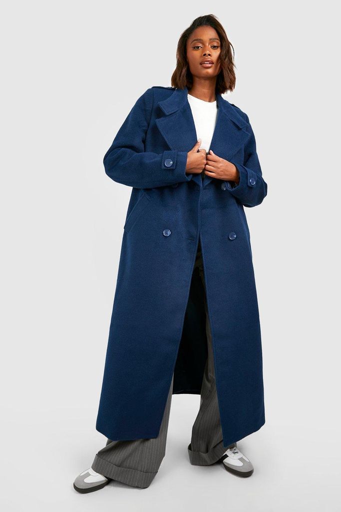 Womens Collar Detail Double Breasted Wool Maxi Coat - Navy - 8, Navy