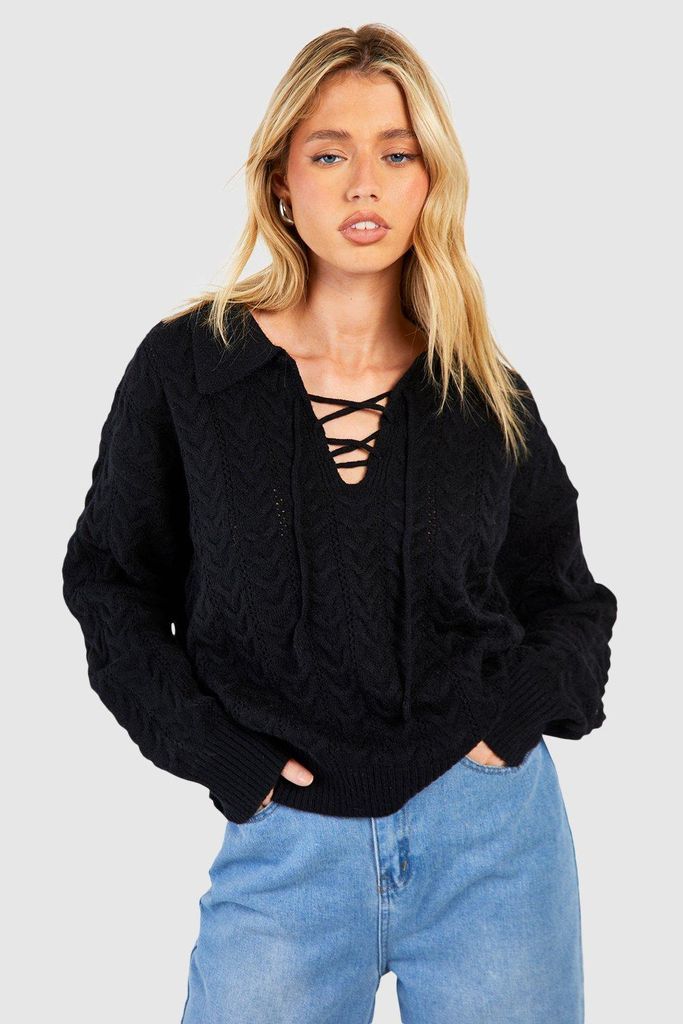 Womens Lace Up Neckline Polo Collar Cable Jumper - Black - S, Black