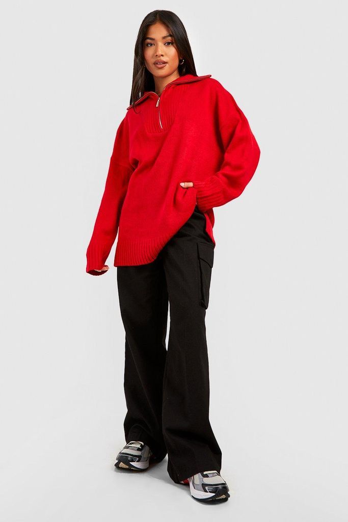 Womens Petite Drop Shoulder Zip Collar Jumper - Red - S, Red