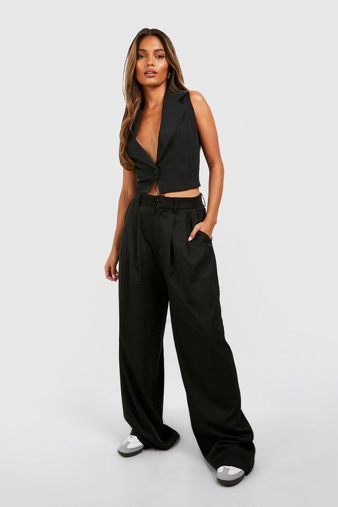 Womens Tailored Relaxed Fit Pleated Wide Leg Trousers - Black - 6, Black