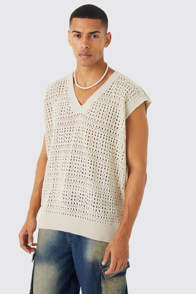 Men's Oversized Crochet Jumper Vest - Cream - L, Cream