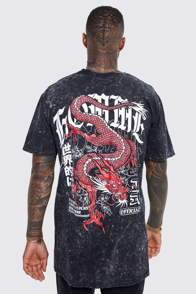 Men's Oversized Dragon Acid Wash Graphic T-Shirt - Black - S, Black