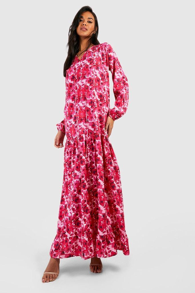 Womens Printed Blouson Sleeve Maxi Smock Dress - Pink - 8, Pink