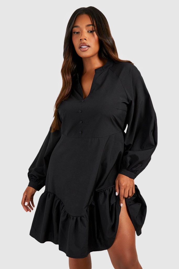 Womens Plus Woven Button Down Tiered Smock Dress - Black - 28, Black