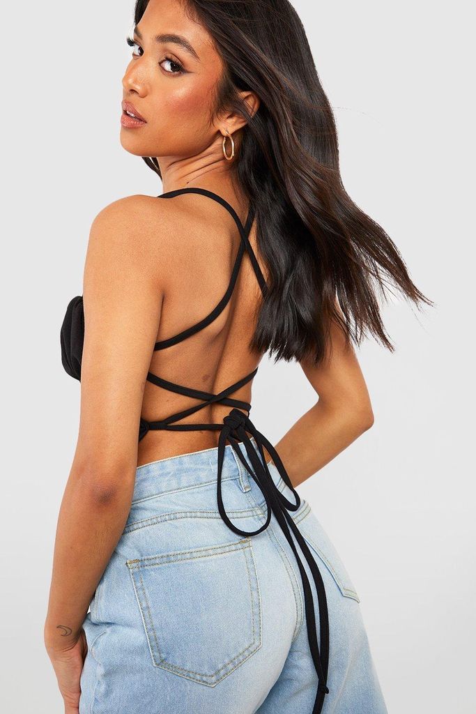 Womens Petite Ruched Strappy Back Crop Top - Black - 12, Black