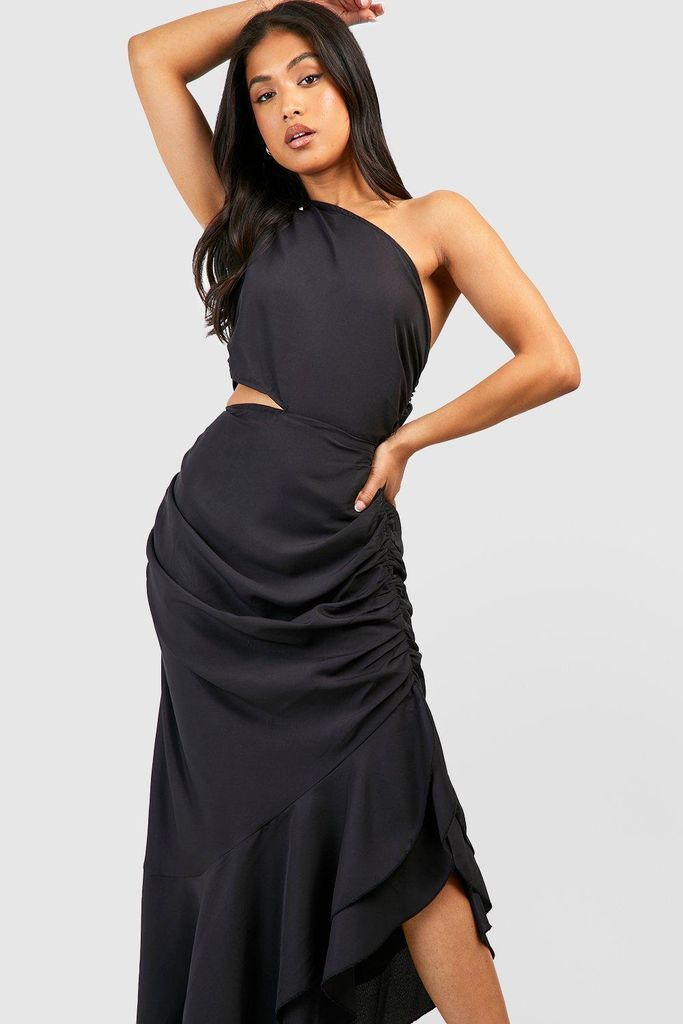 Womens Petite One Shoulder Cut Out Ruffle Maxi Dress - Black - 8, Black