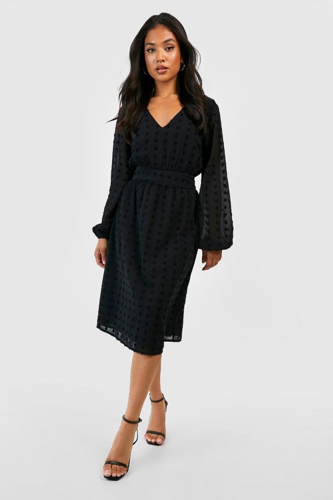 Womens Petite Dobby Shirred Waist Midi Dress - Black - 8, Black