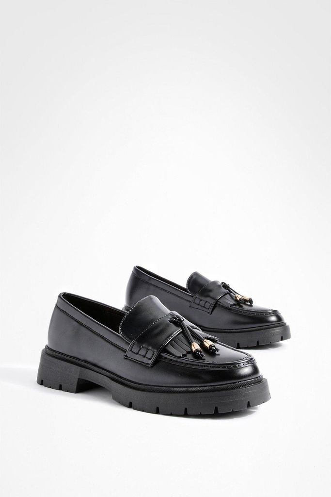 Womens Chunky Tassel Detail Loafers - Black - 3, Black
