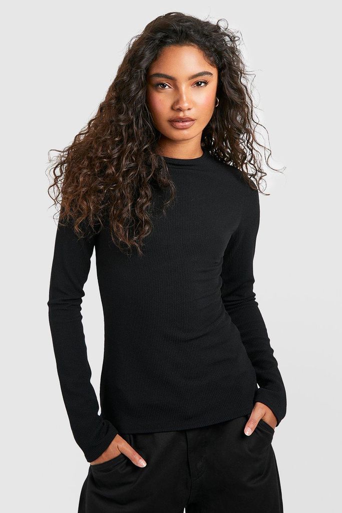 Womens Tall Crinkle Rib Long Sleeve T-Shirt - Black - 6, Black