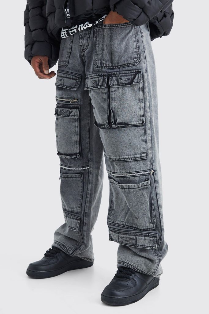 Men's Baggy Rigid Multi Pocket Cargo Jeans - Black - 28R, Black