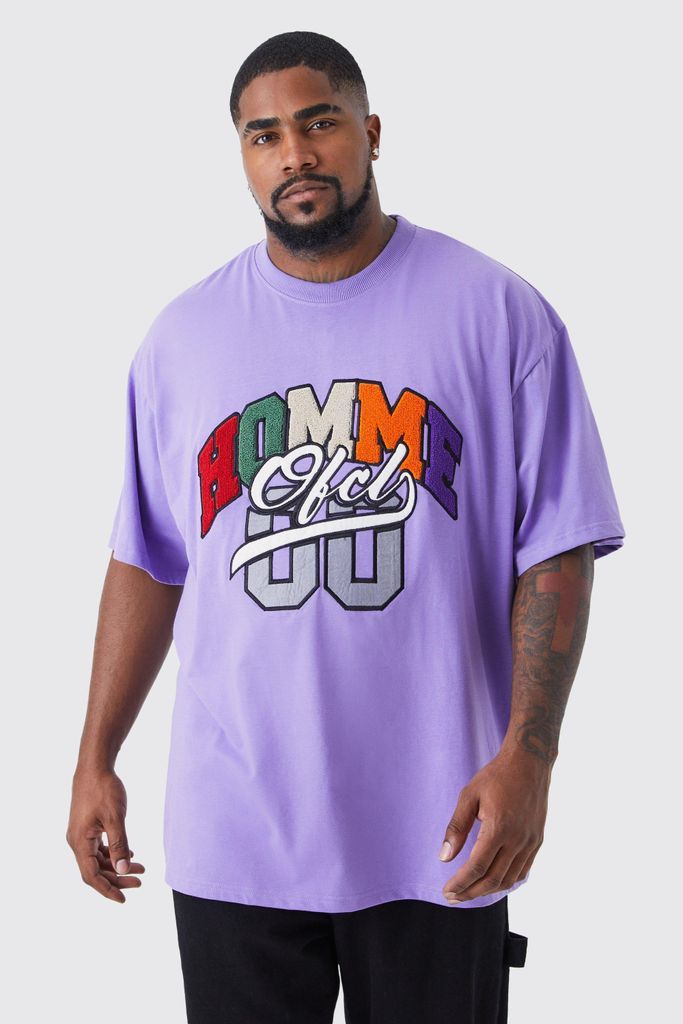 Men's Plus Oversized Homme Washed Varsity Applique T-Shirt - Purple - Xxxl, Purple