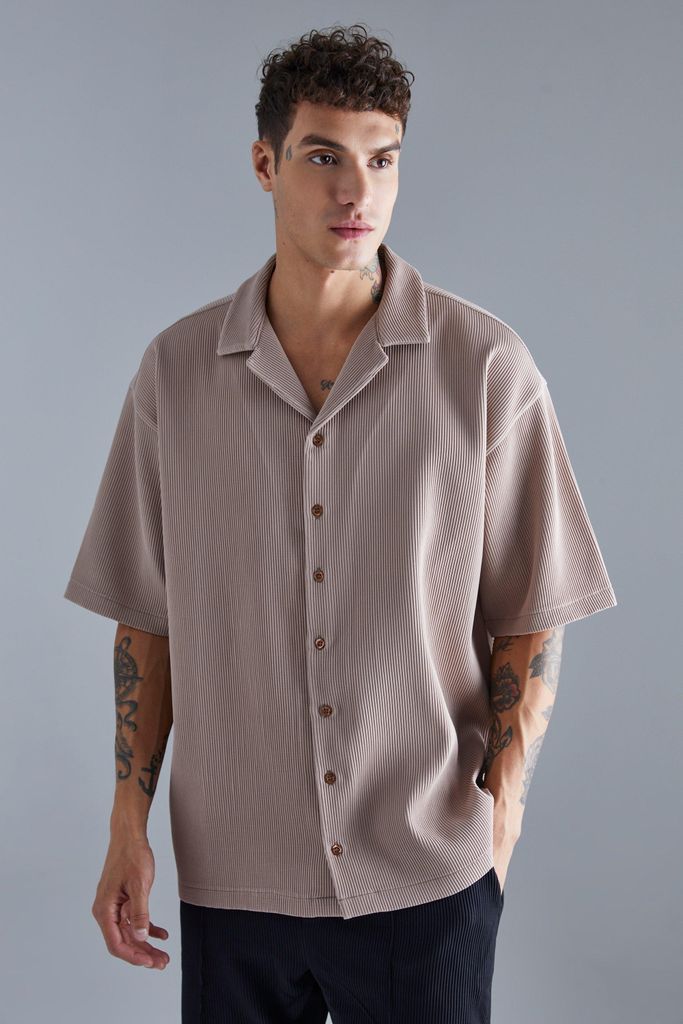 Men's Short Sleeve Revere Oversized Pleated Shirt - Brown - S, Brown