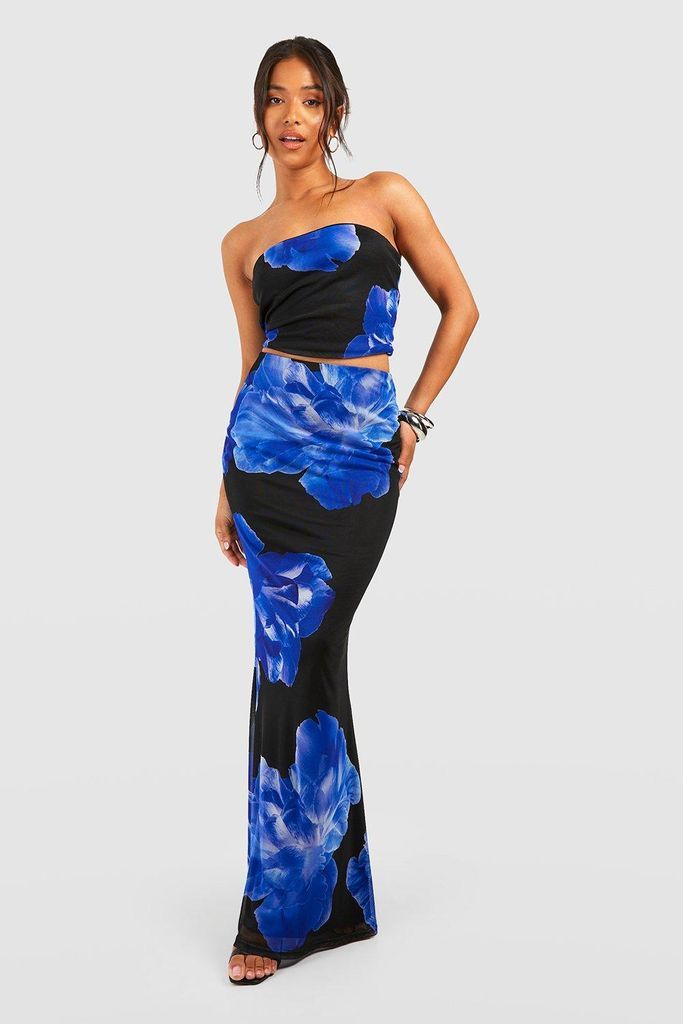 Womens Petite Bold Floral Mesh Maxi Skirt - Blue - 8, Blue