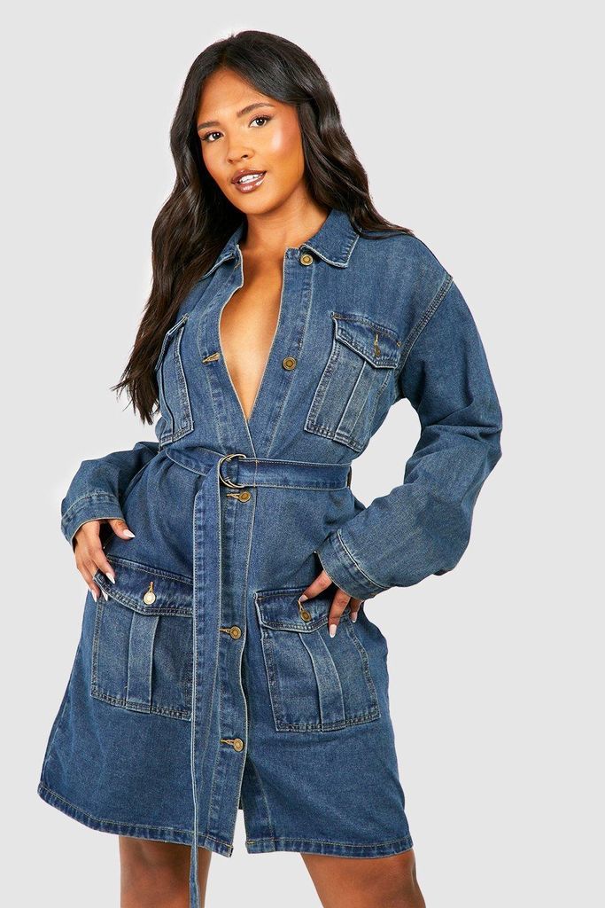 Womens Plus Utility Pocket Belted Denim Mini Shirt Dress - Blue - 16, Blue