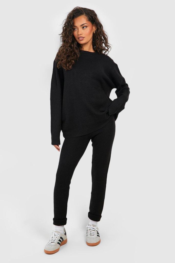 Womens Soft Knit Crew Neck Jumper & Trouser Co-Ord - Black - 10, Black