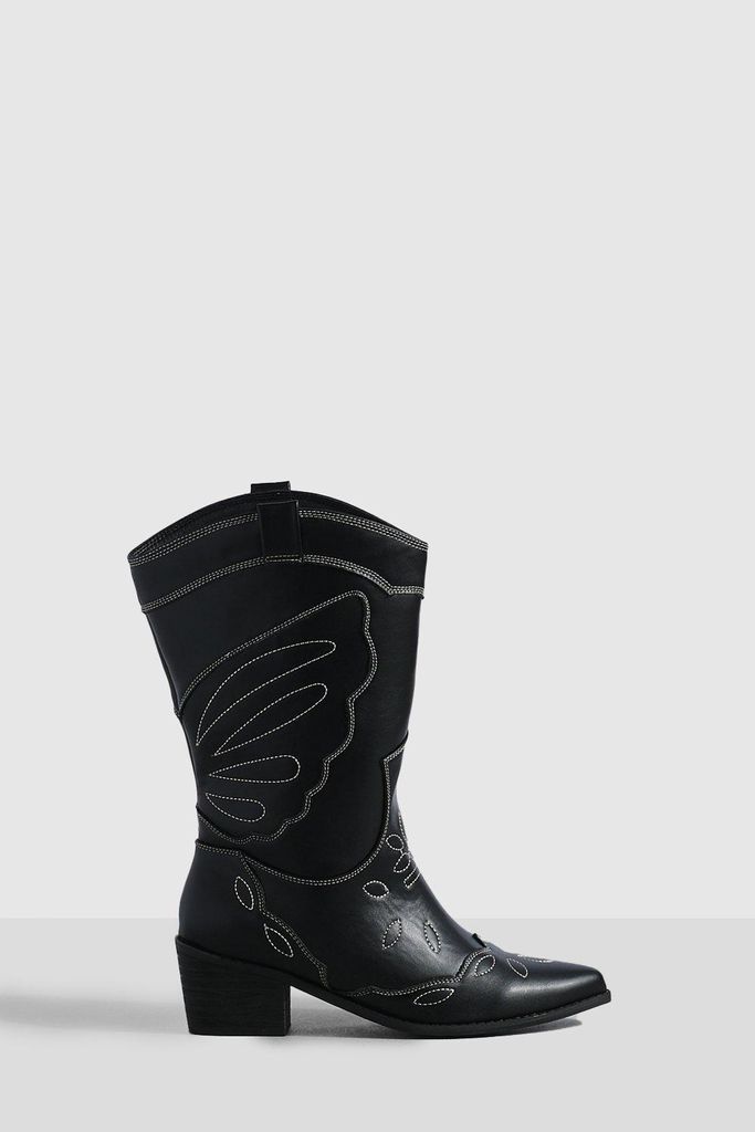 Womens Wide Fit Contrast Stitch Western Cowboy Boots - Black - 5, Black