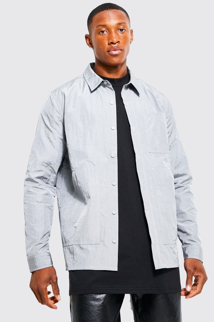 Men's Nylon Workwear Overshirt With Contrast Stitch - Grey - S, Grey