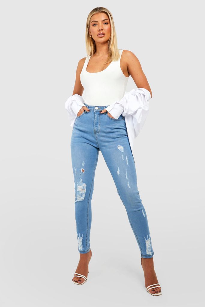 Womens Ripped Butt Shaper High Waisted Super Skinny Jeans - Blue - 8, Blue