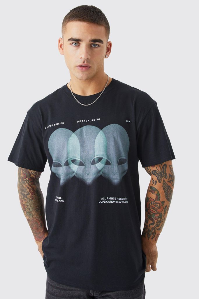 Men's Oversized Alien Graphic T-Shirt - Black - S, Black