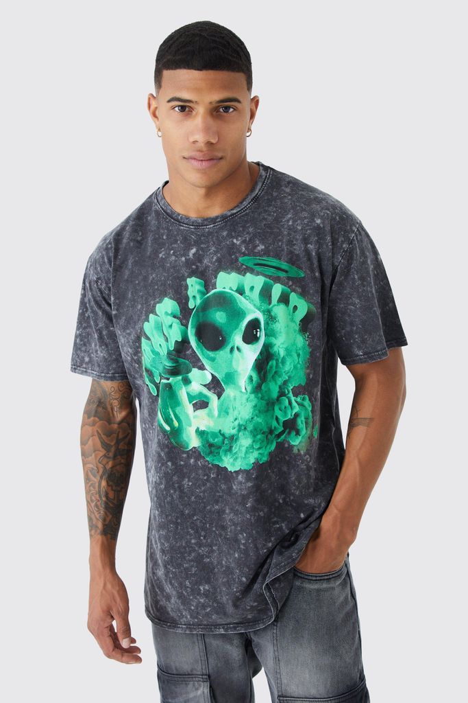 Men's Oversized Alien Graphic Wash T-Shirt - Black - S, Black