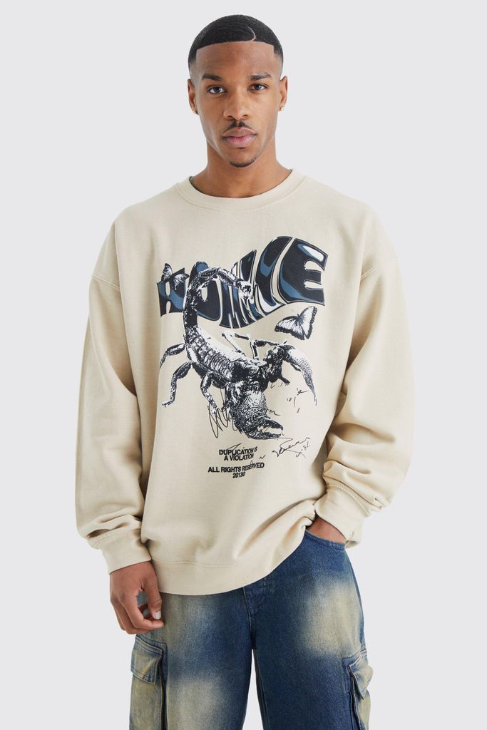 Men's Oversized Homme Scorpion Graphic Sweatshirt - Beige - S, Beige