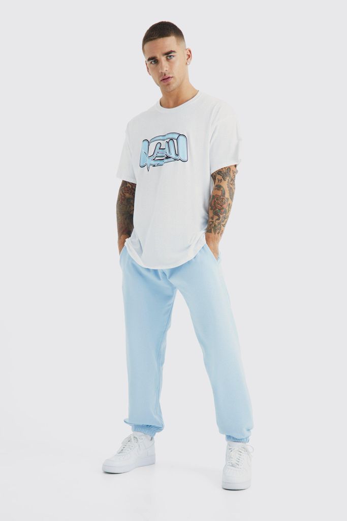 Men's Oversized Man Graphic T-Shirt & Jogger Set - Blue - S, Blue