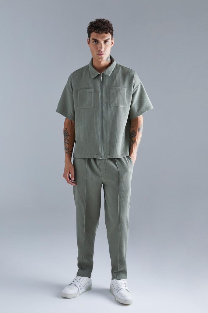 Men's Pleated Short Sleeve Shirt & Elasticated Pintuck Trouser Set - Green - S, Green