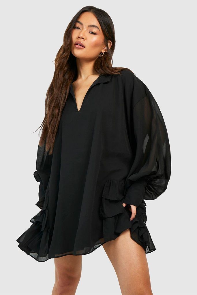Womens Blouson Sleeve Ruffle Smock Dress - Black - 8, Black