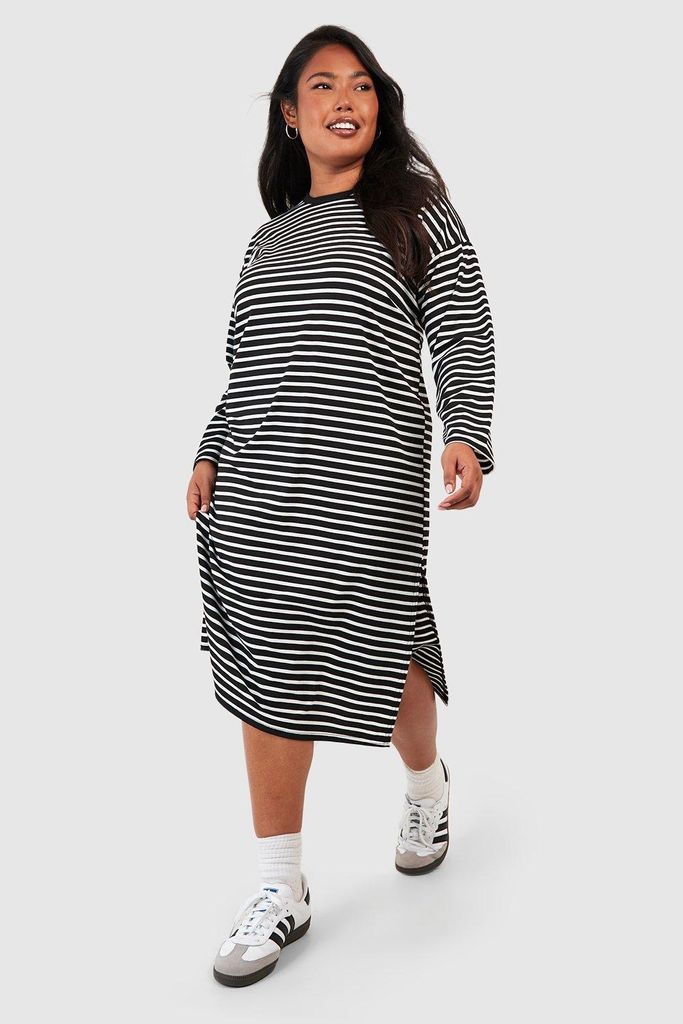 Womens Plus Jersey Stripe Long Sleeve Midi Dress - Black - 16, Black