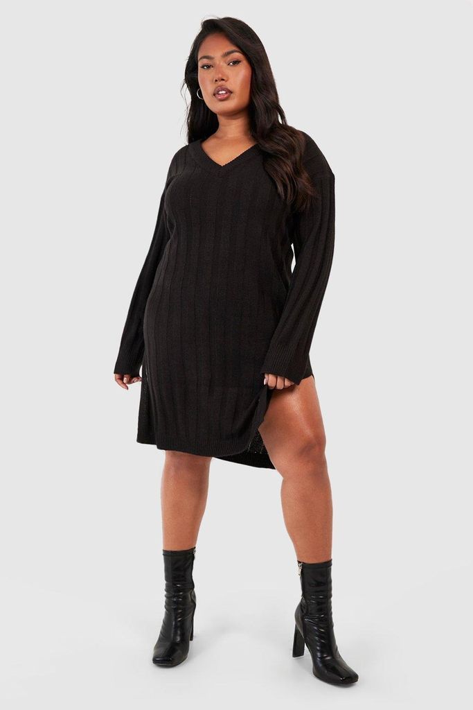 Womens Plus V Neck Slouchy Jumper Dress - Black - 16, Black
