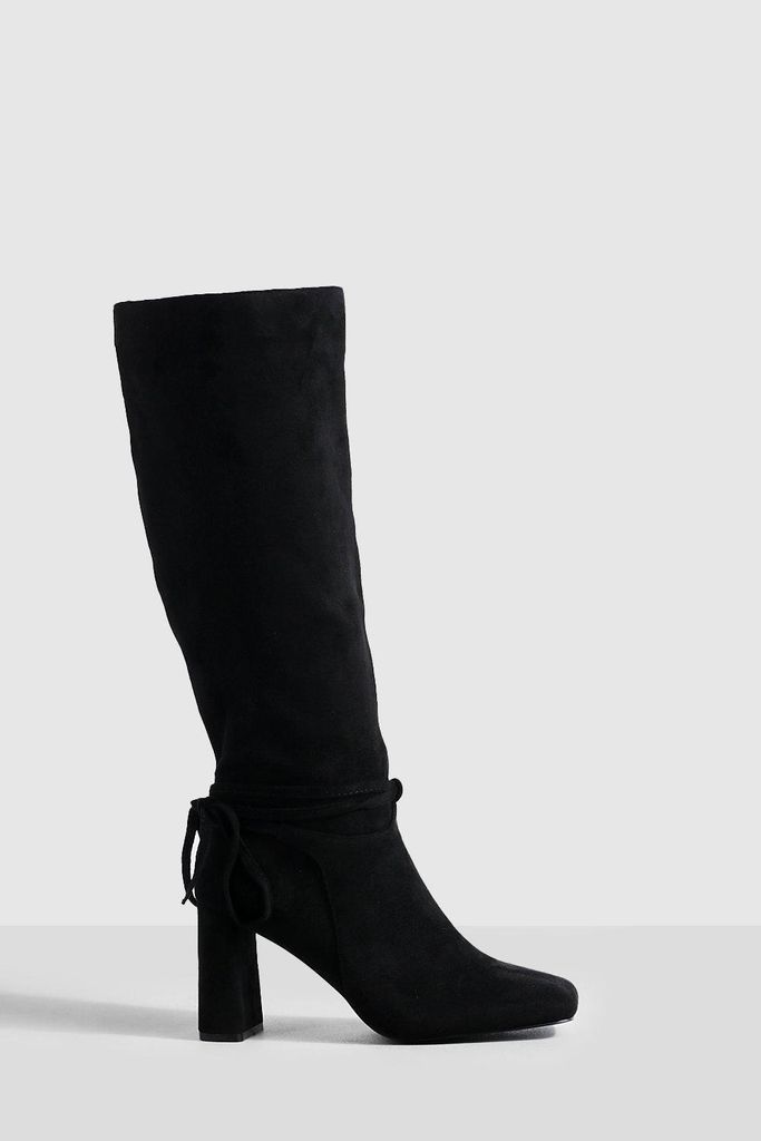 Womens Wide Fit Block Heel Bow Detail Knee High Boots - Black - 3, Black