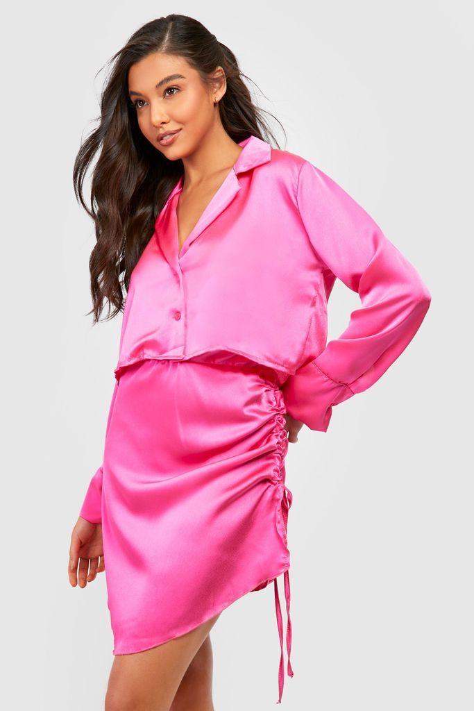 Womens Satin Crop Shirt & Ruched Mini Skirt - Pink - 10, Pink