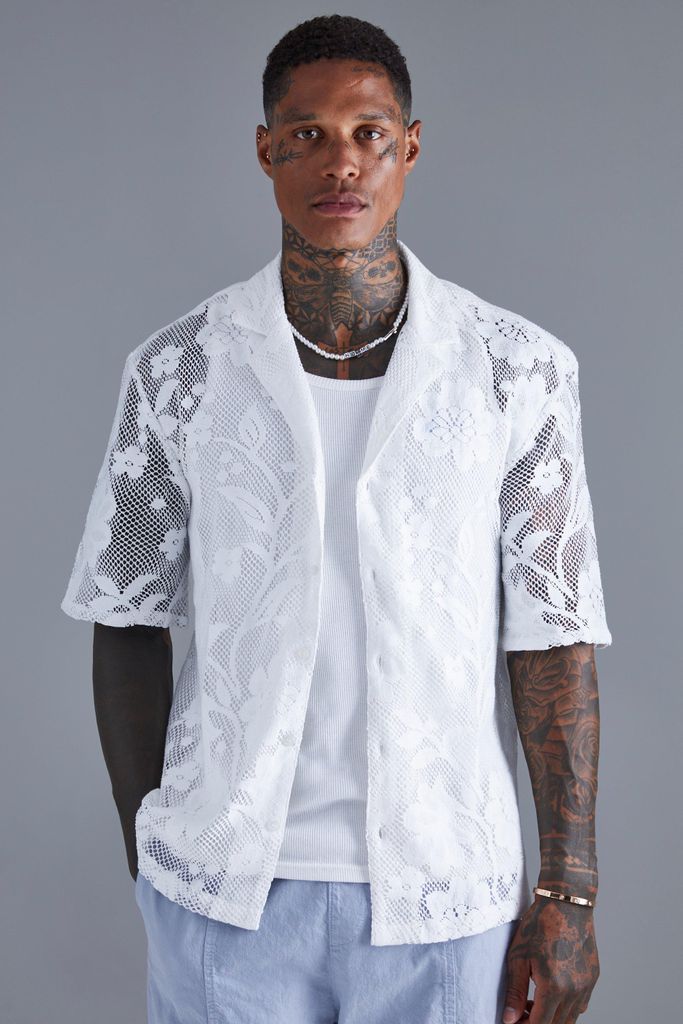 Men's Short Sleeve Mesh Floral Shirt - White - S, White